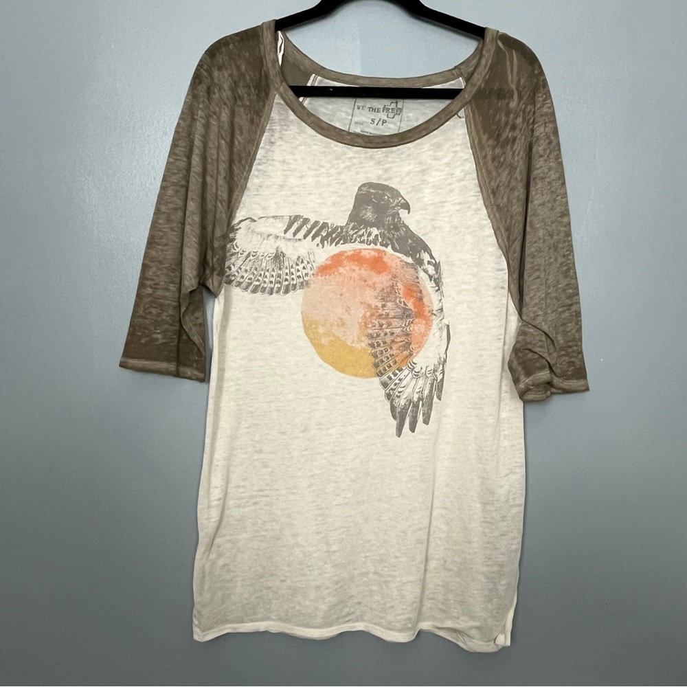 We The Free Cream and Brown Graphic Raglan Tee